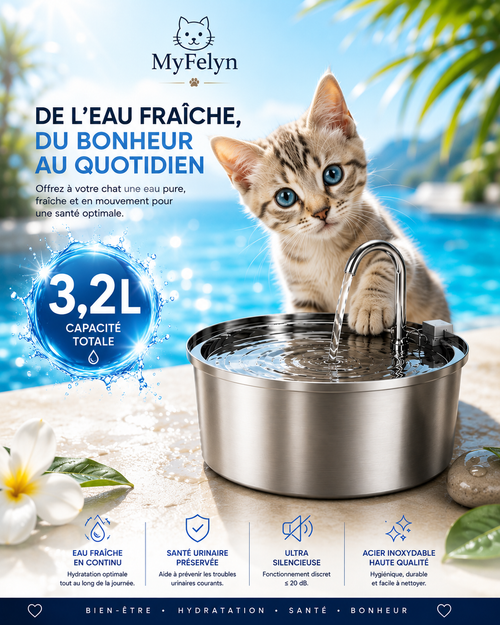 Fontaine à eau MyFelyn pour chat – Inox 304, 3,2 L, ultra silencieuse