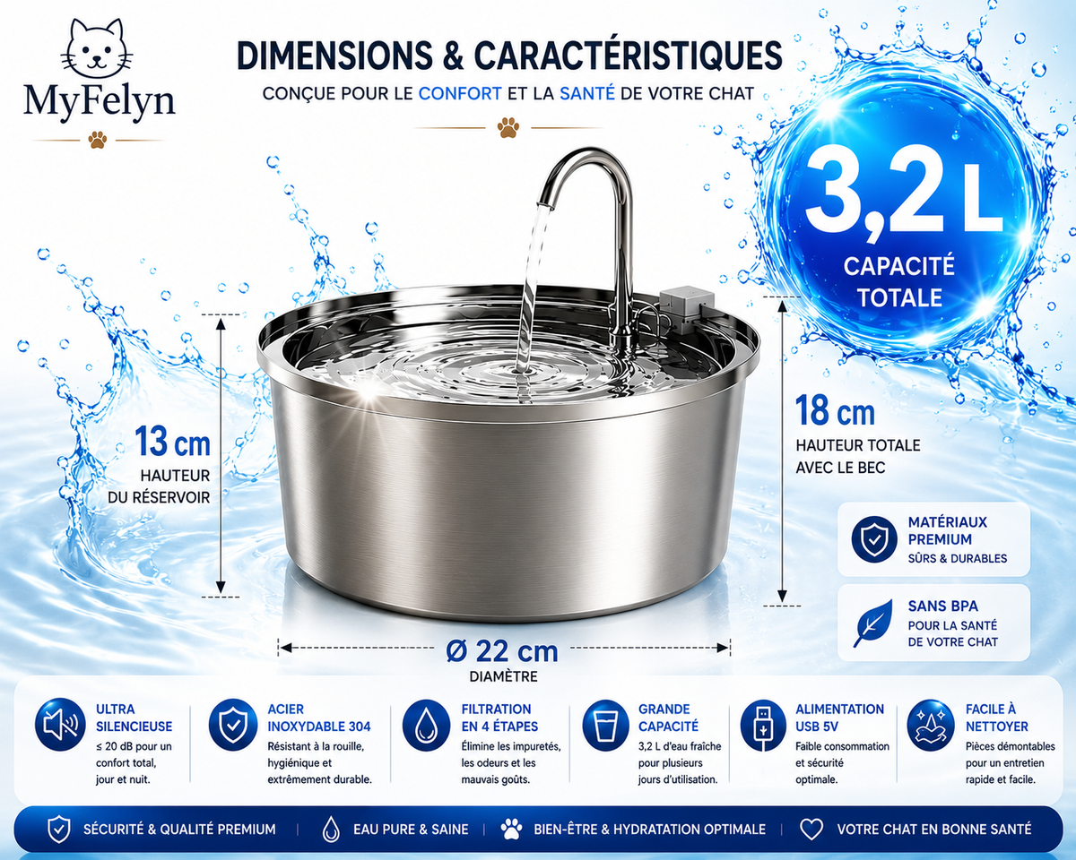 Fontaine à eau MyFelyn pour chat – Inox 304, 3,2 L, ultra silencieuse