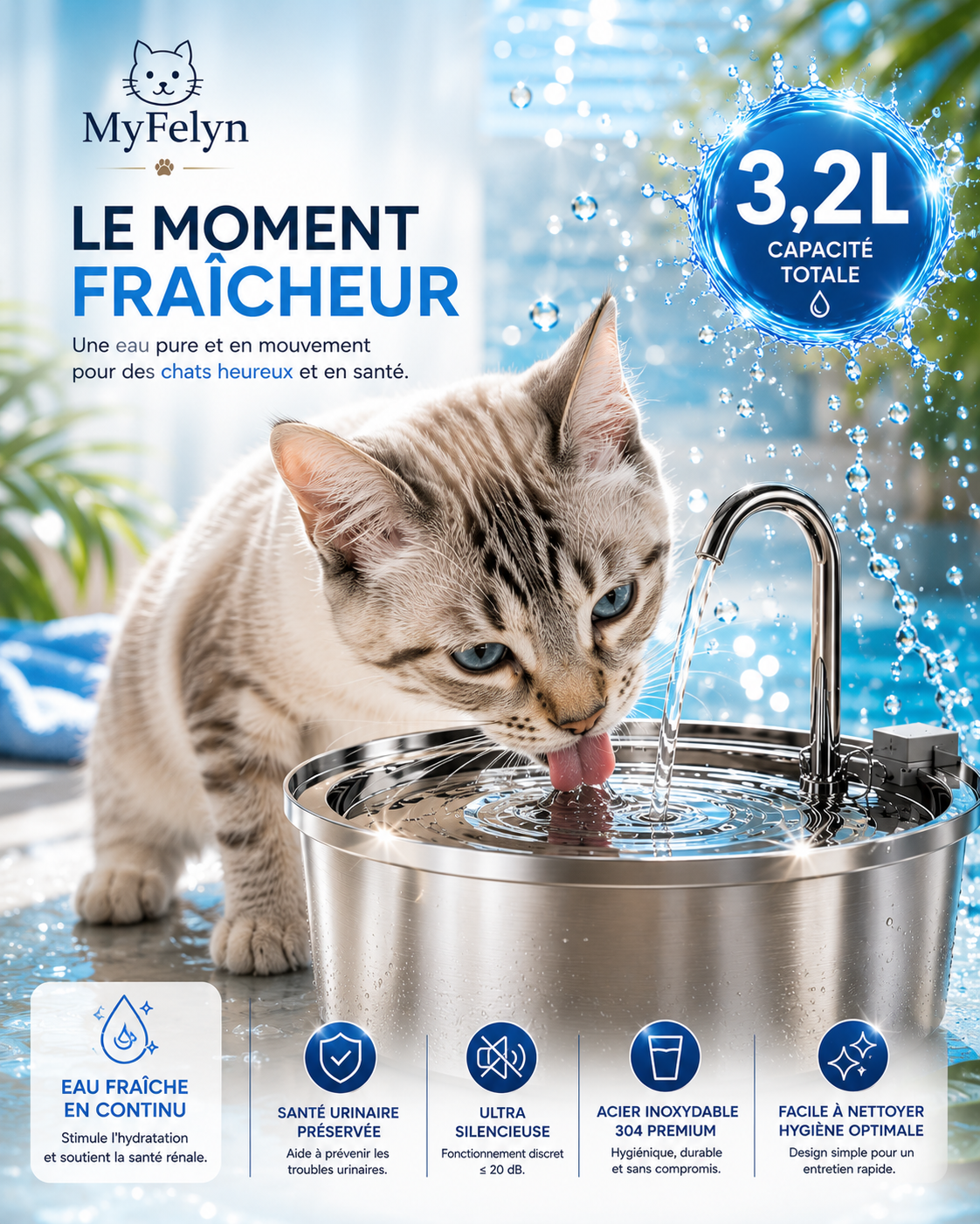 Fontaine à eau MyFelyn pour chat – Inox 304, 3,2 L, ultra silencieuse