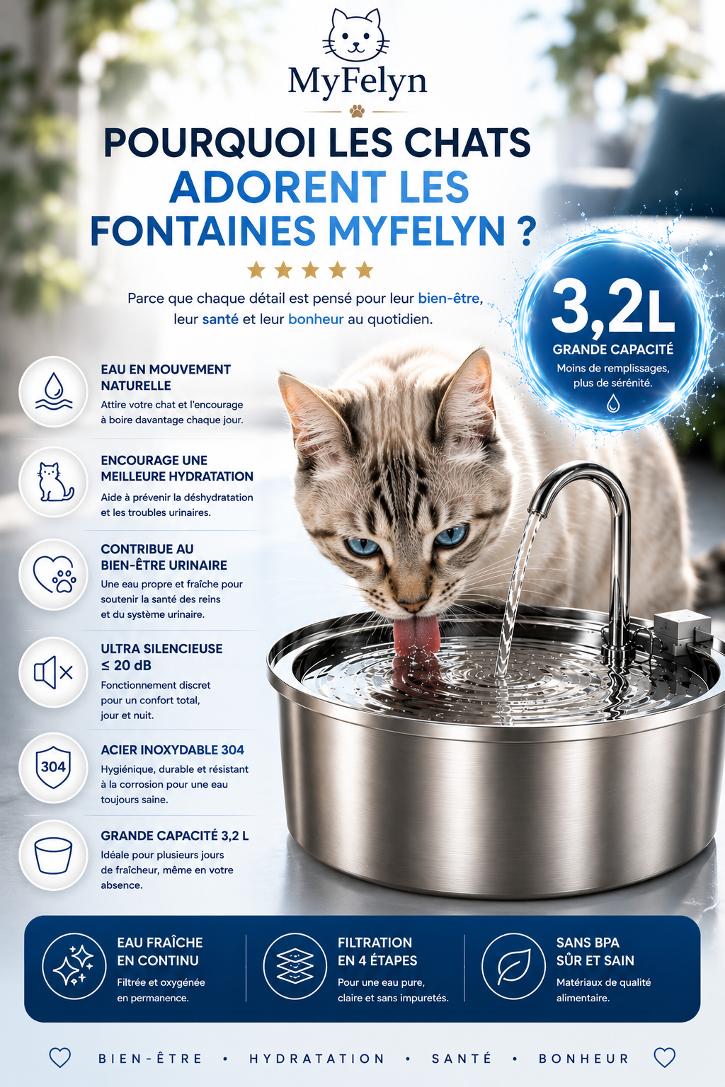 Fontaine à eau MyFelyn pour chat – Inox 304, 3,2 L, ultra silencieuse